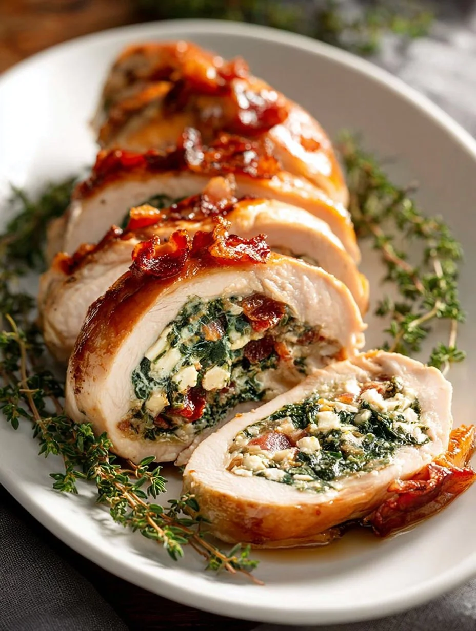 Deliciosa pechuga de pavo rellena lista para servir en una mesa elegantemente decorada.