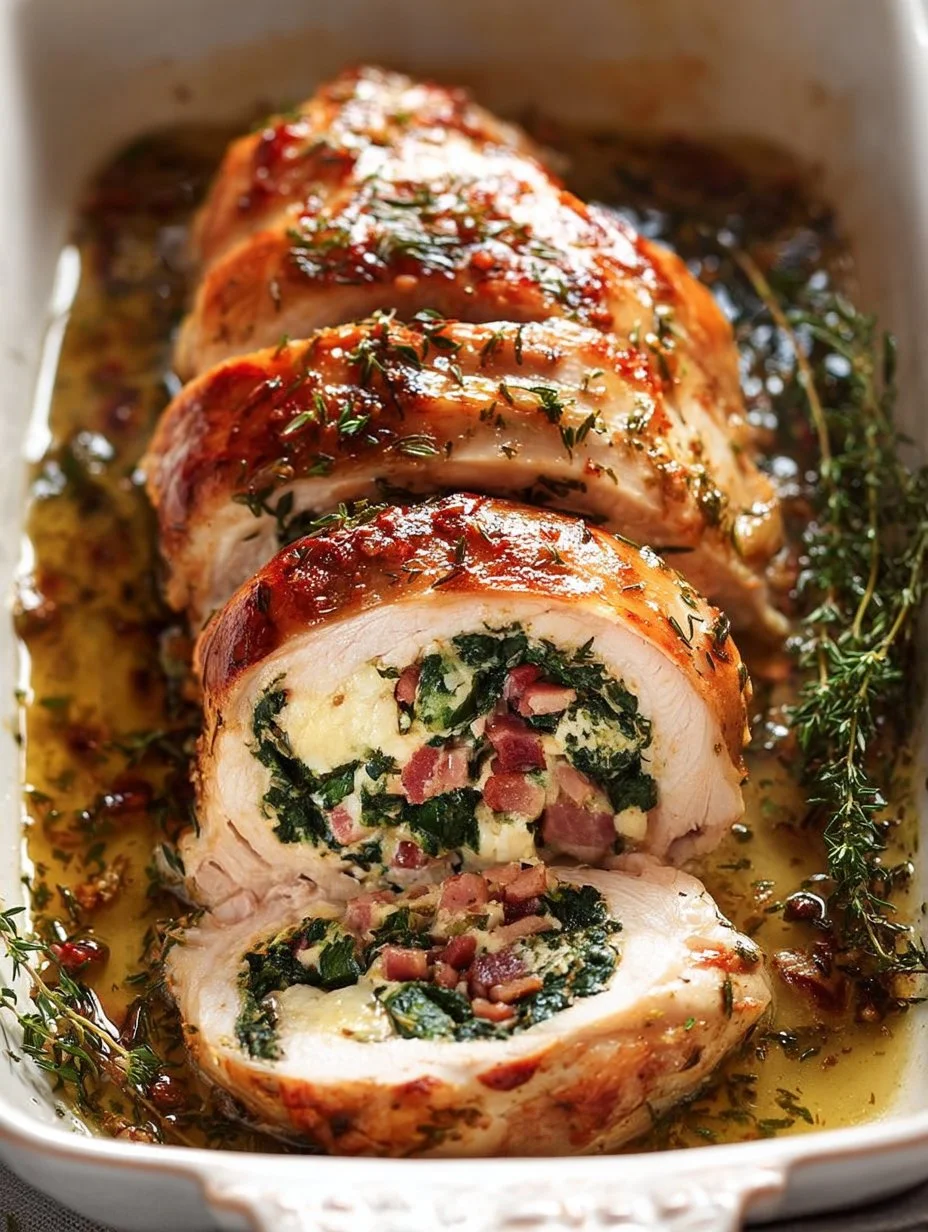 Plato de pechuga de pavo rellena con guarniciones coloridas y apetitosas.