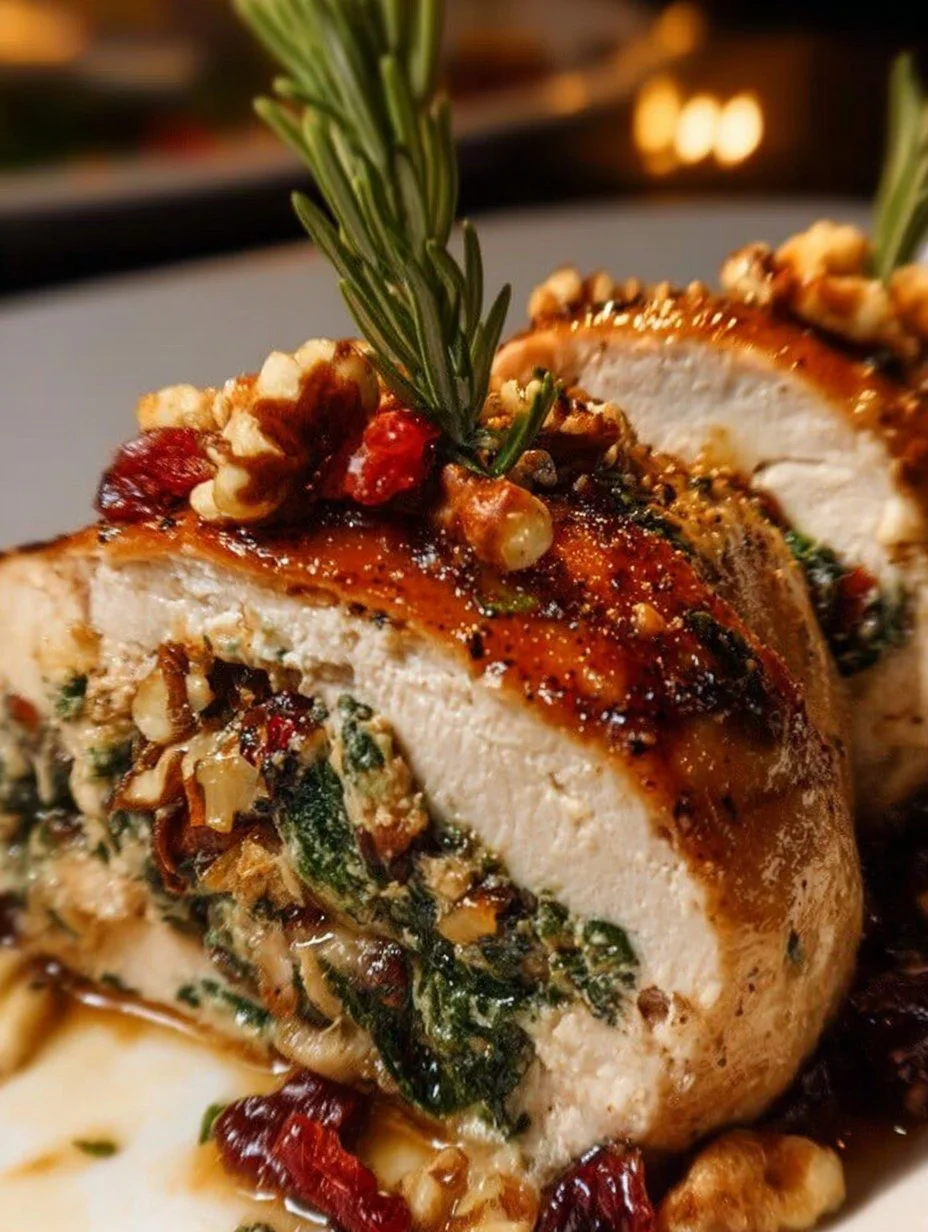 Pechugas de pollo rellenas de espinacas y arándanos, un plato sabroso y nutritivo.