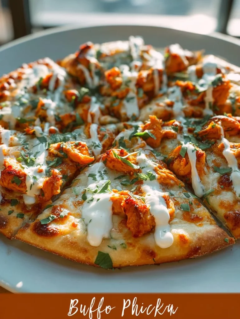 Pizza de Pollo Buffalo con salsa picante y ingredientes frescos