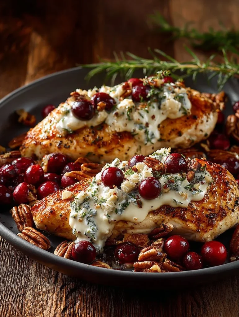 Pollo al Horno con Miel, Arándanos Rojos y Queso Ricotta en una mesa elegante