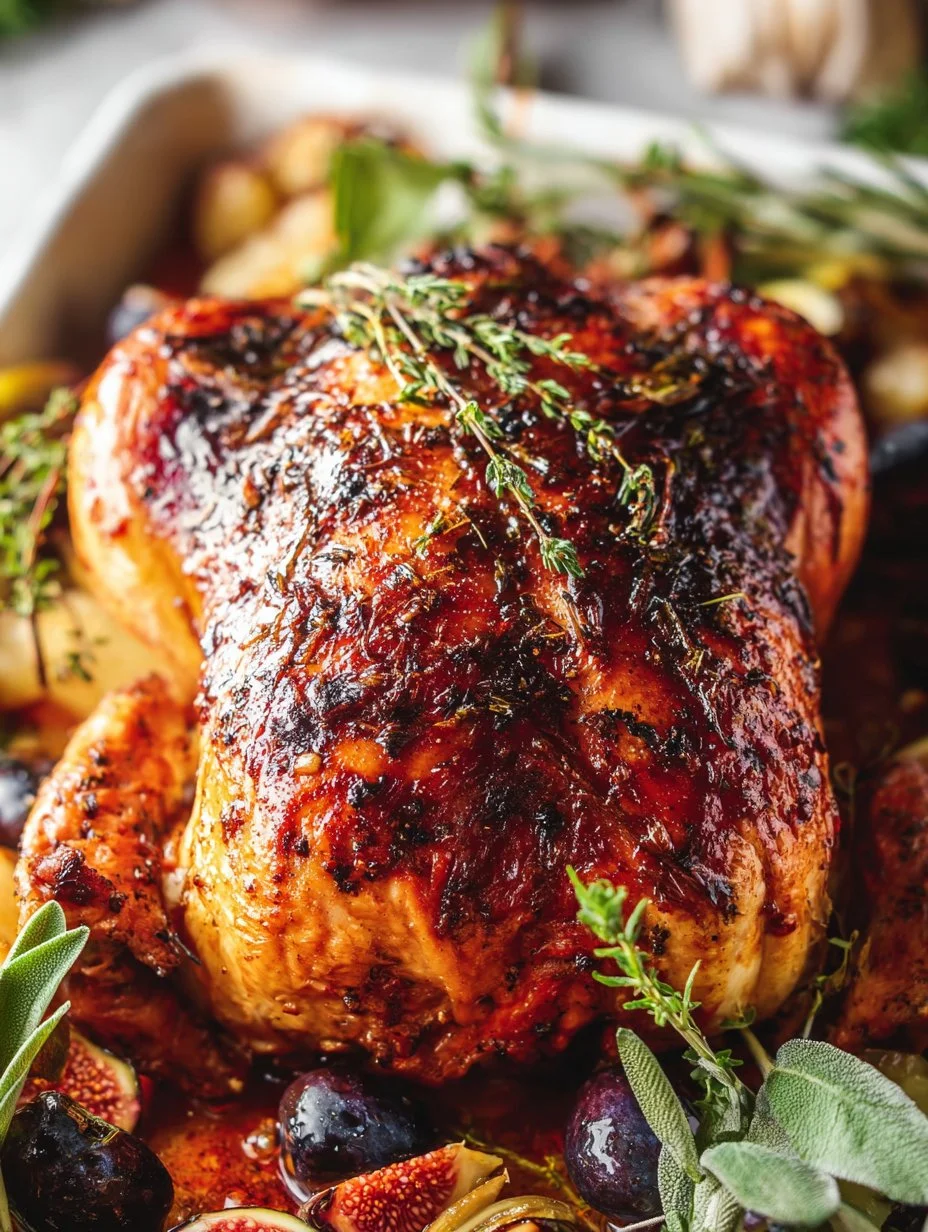 Pollo Asado con Sidra de Manzana servido en un plato decorativo