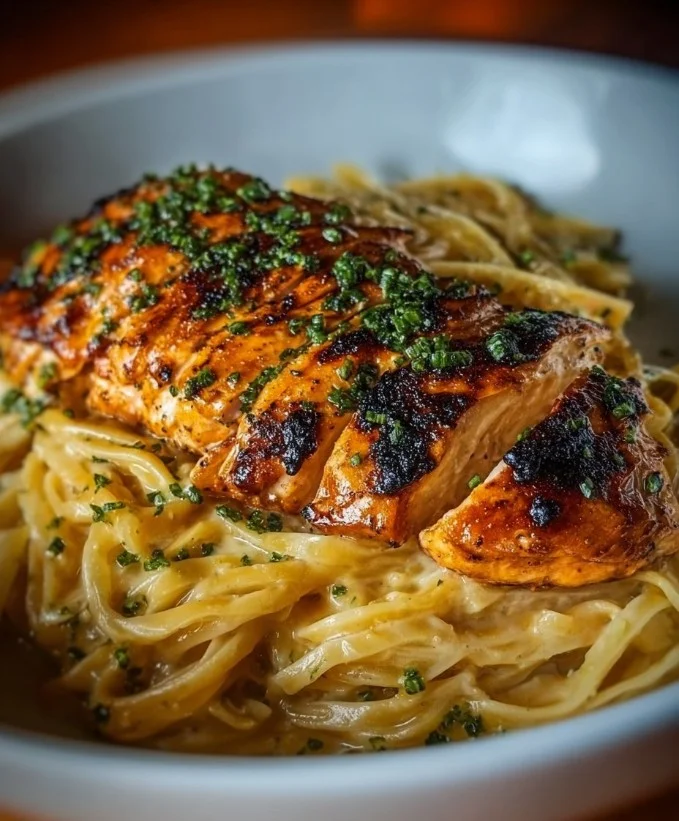 Plato de pollo fideos mantecosos con ingredientes frescos y sabrosos