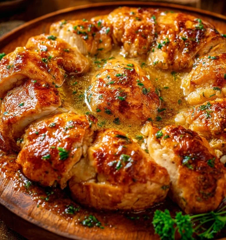 Pollo con mantequilla de ajo cocinándose en sartén