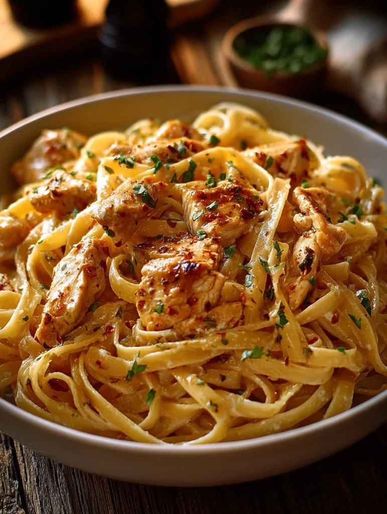 Pollo con mantequilla de vaquero servido con linguini en un plato exquisito.