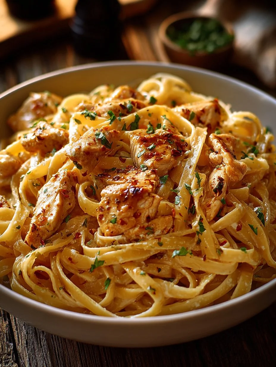 Pollo con mantequilla de vaquero servido con linguini en un plato exquisito.