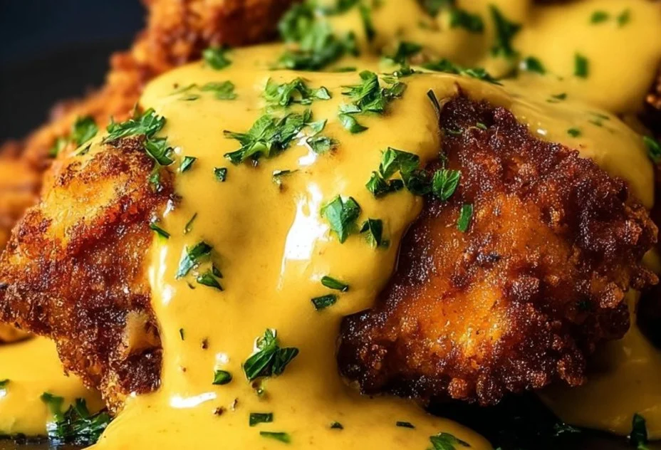 Plato de pollo con pretzel acompañado de salsa de mostaza y cheddar