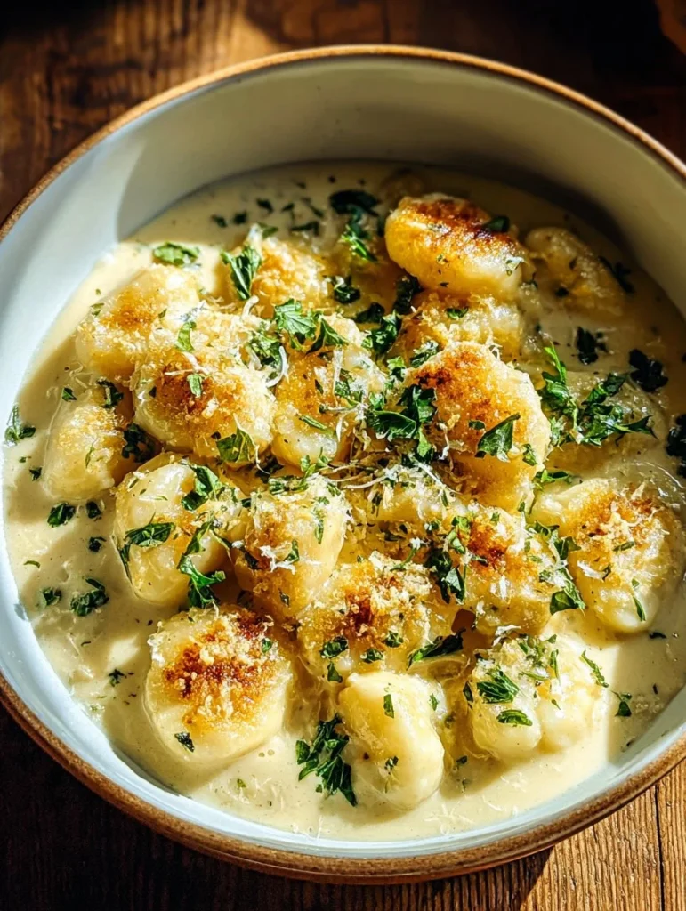 Plato de Pollo Crack Cremoso con Gnocchi, presentación apetitosa y deliciosa.
