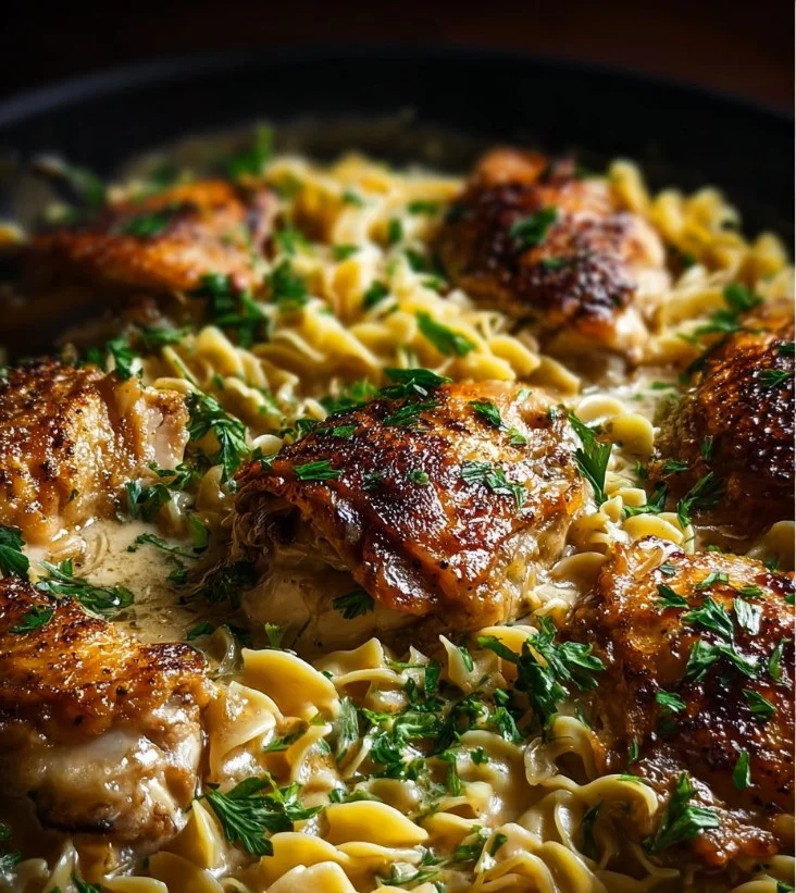 Pollo en sartén con fideos mantecosos, preparado de manera sencilla y sabrosa