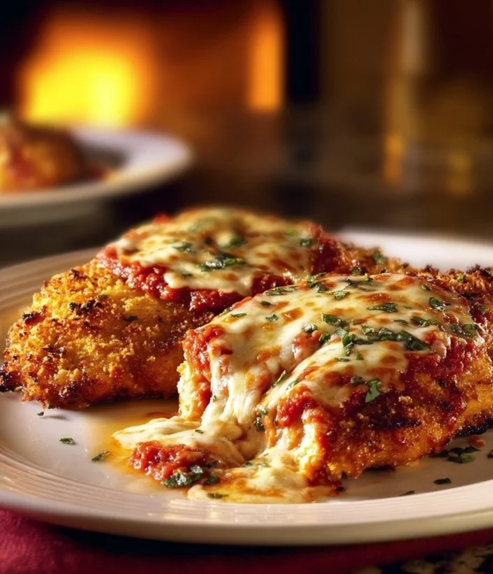 Plato de Pollo Parmesano al Horno recién preparado y servido con guarniciones.