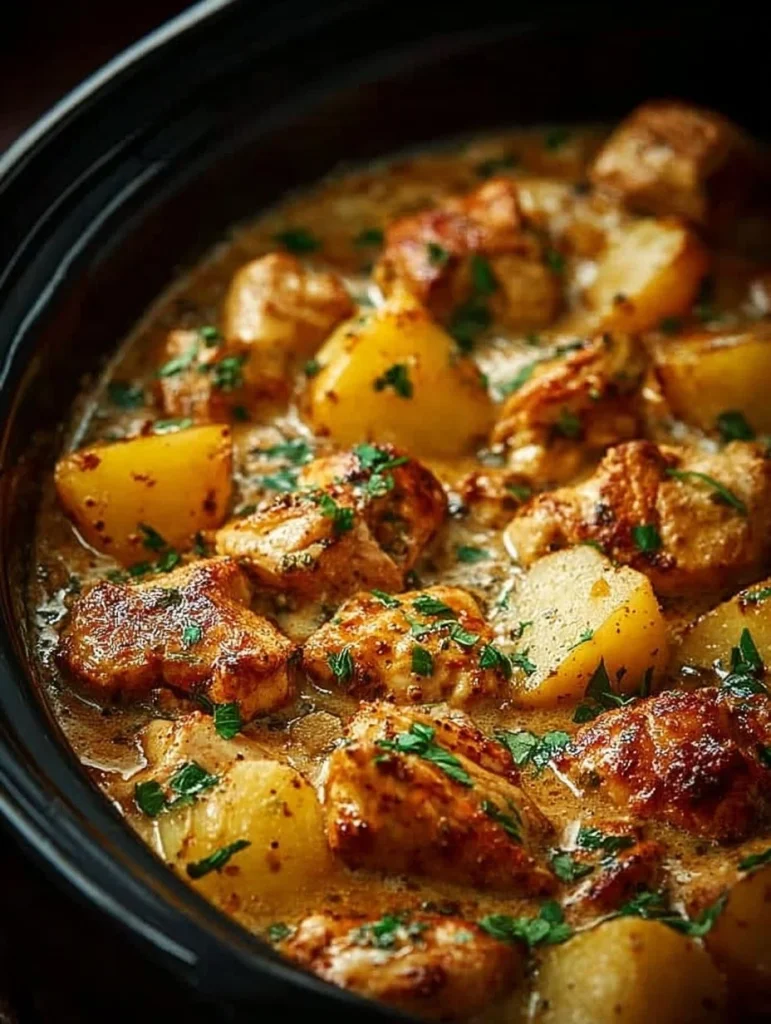 Pollo y Papas al Ajo y Queso Parmesano cocinados en olla de cocción lenta