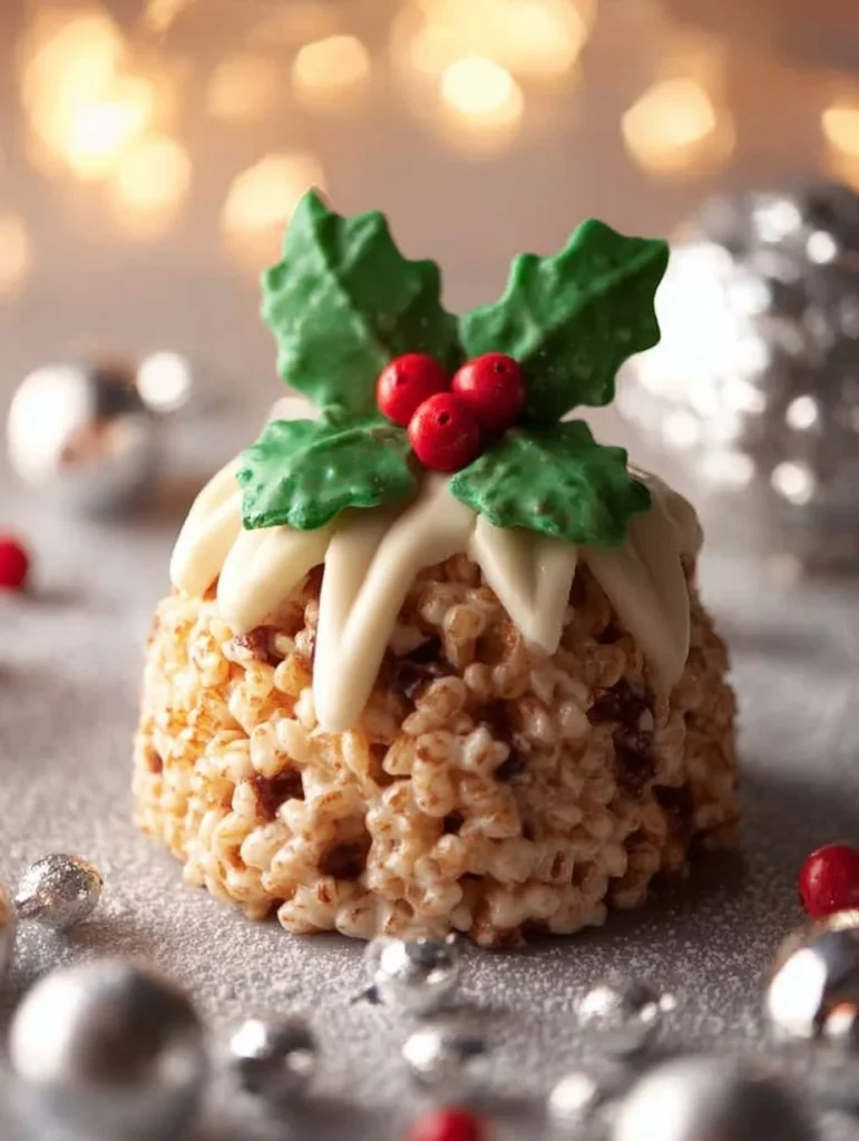 Pudin de Navidad de Rice Krisipe decorado y listo para servir