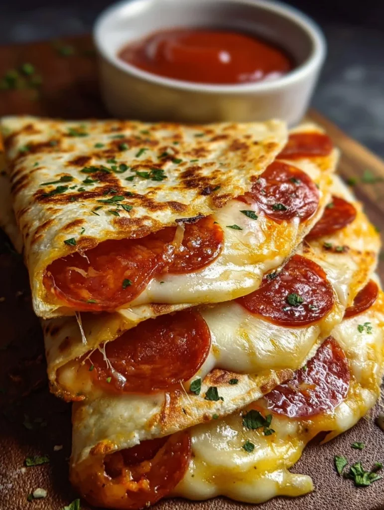 Quesadillas de pizza pepperoni servidas con salsa de tomate y queso derretido
