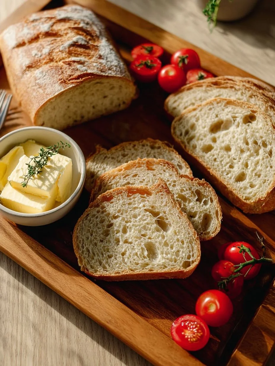 Baguette de masa madre dorada y crujiente recién horneada en una mesa de madera.