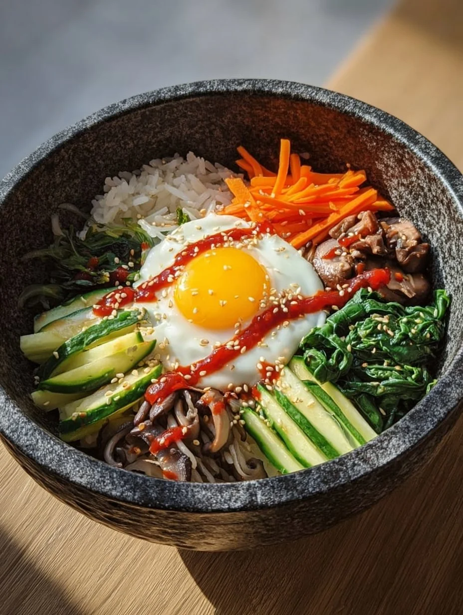 Plato de Bibimbap coreano con ingredientes frescos y coloridos