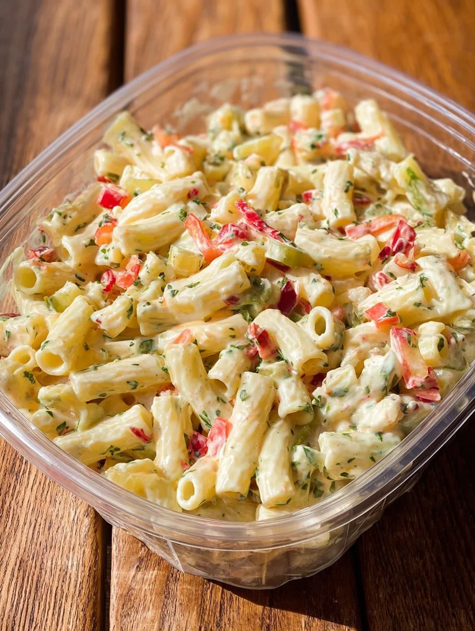 Ensalada de macarrones con queso cheddar y crema ácida en un plato colorido