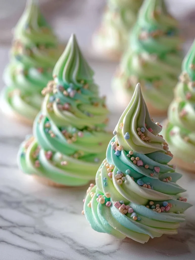 Meringues decorativas de árbol de Navidad en un plato festivo