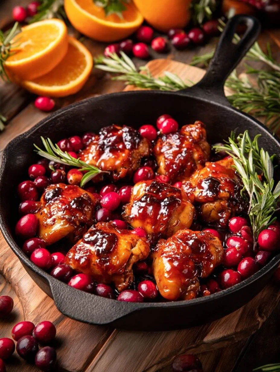 Pollo con naranja y arándano cocinado en sartén, plato colorido y sabroso.