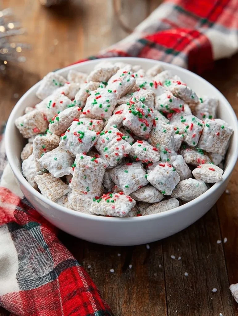 Receta de Puppy Chow Navideño con ingredientes festivos y sabores deliciosos