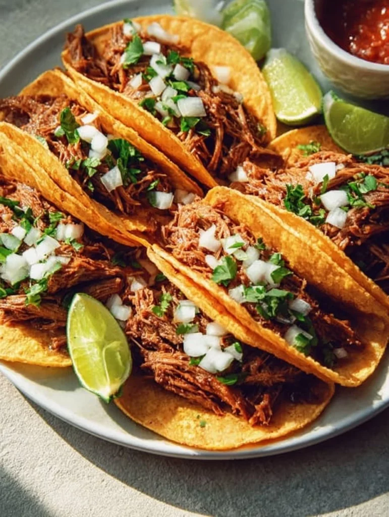 Tacos de birria servidos con salsa y cebolla