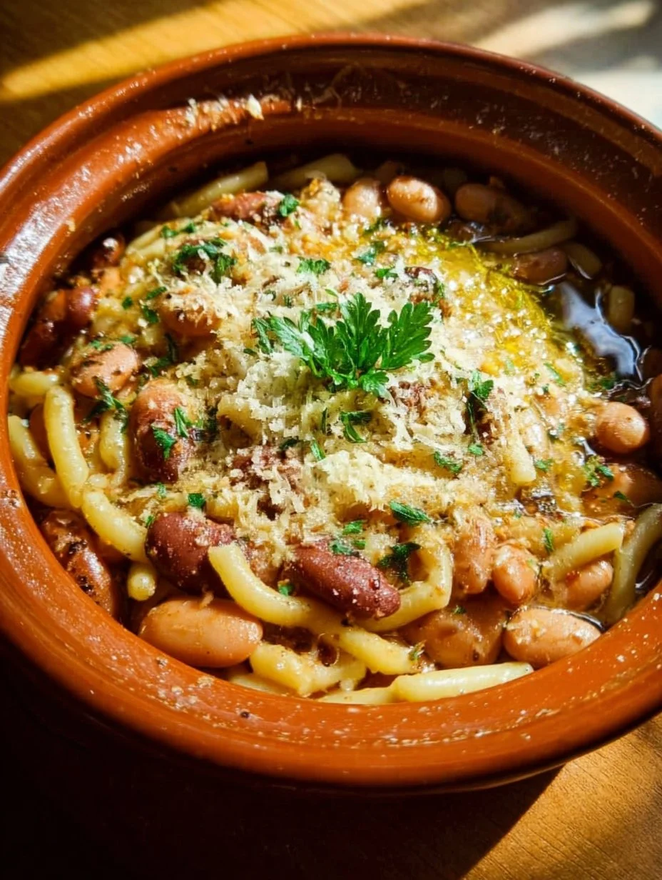 Receta tradicional de Pasta Fagioli italiana con frijoles y pasta.
