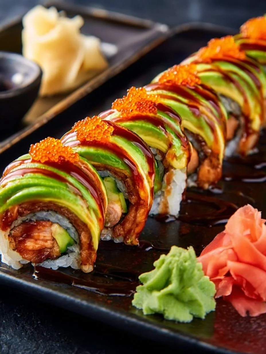 Rollos de sushi dragón japonés servidos en un plato decorativo