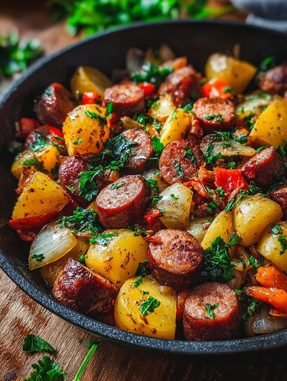 Plato de salchichas con patatas recién cocinadas en sartén