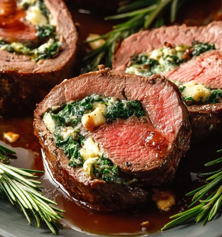 Solomillo de res relleno preparado para una cena navideña