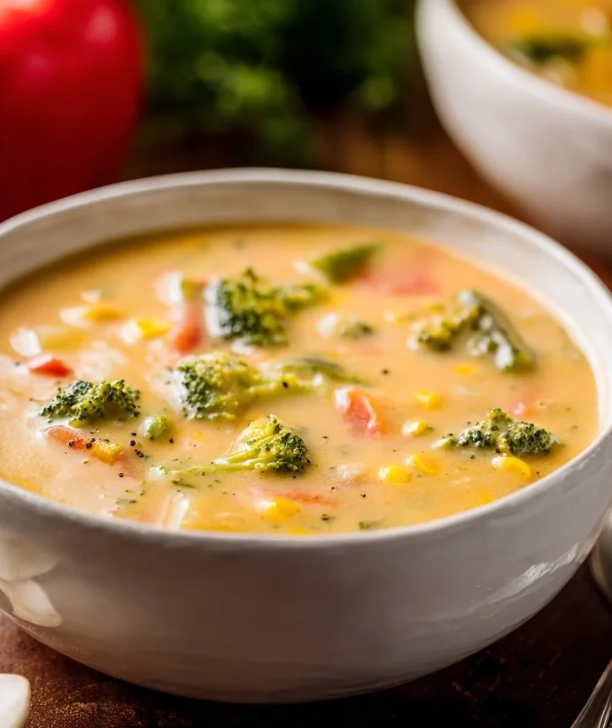 Sopa cremosa de verduras servida en un tazón con hierbas frescas.