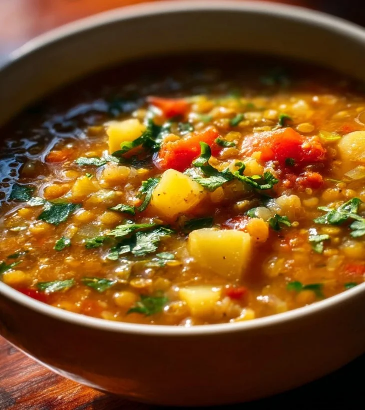 Sopa vegetal de lentejas caliente en un tazón con verduras frescas alrededor.