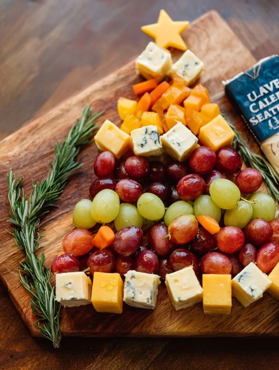 Tabla de charcutería navideña en forma de árbol de Navidad decorativa y apetitosa.