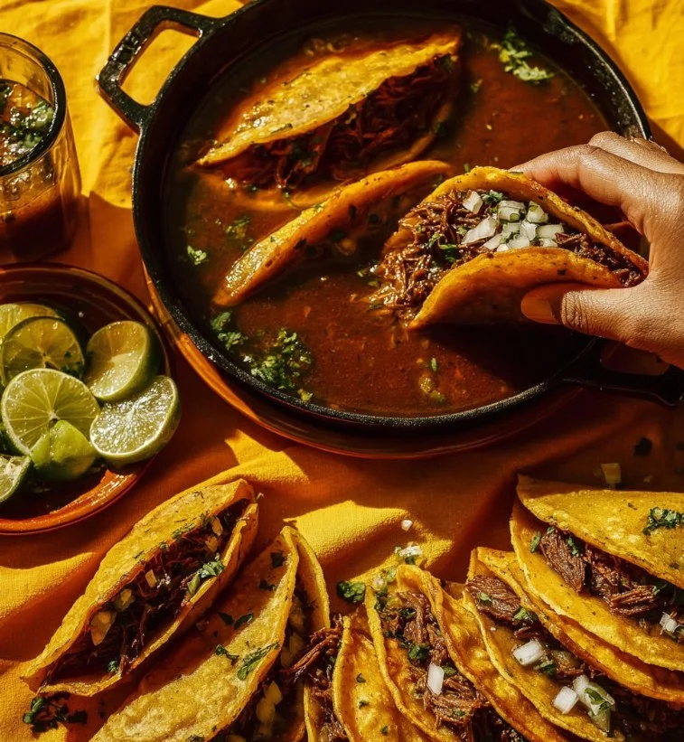 Tacos Birria servidos con cebolla y cilantro fresco en un plato colorido