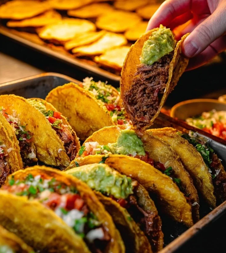 Tacos de carne crujientes con ingredientes frescos y sabrosos.