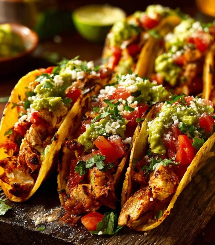 Tacos de Pollo Callejeros servidos con salsas y guarniciones