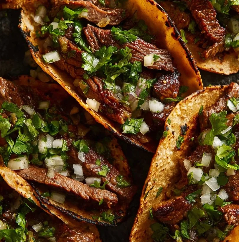 Tacos Mexicanos de Carne Asada servidos con cilantro y cebolla