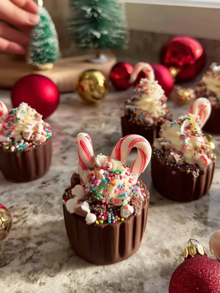 Taza caliente de chocolate humeante con crema y virutas de chocolate