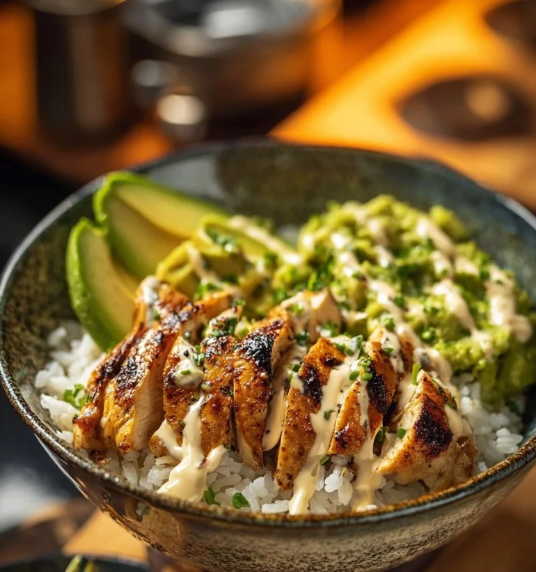 Tazón de arroz con pollo y aguacate cremoso, una receta sabrosa y fácil
