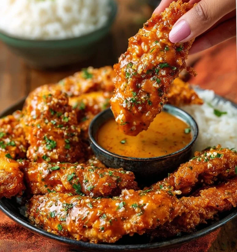 Tiras de pollo crustadas con panko y salsa Bang Bang en un plato.