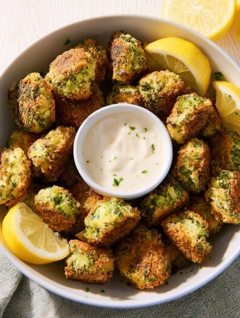 Tortitas de brócoli doradas y apetitosas sobre un plato con ensalada.