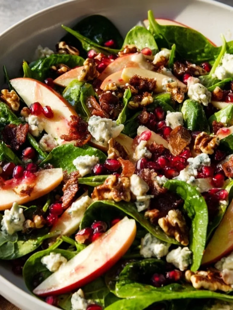Ensalada de invierno con espinacas, manzana, gorgonzola y nueces caramelizadas