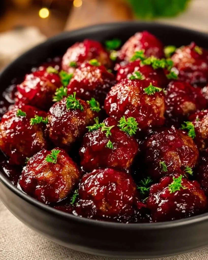 Albóndigas de arándano servidas con salsa navideña