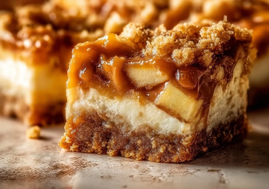 Barras de cheesecake de manzana y caramelo servidas en un plato
