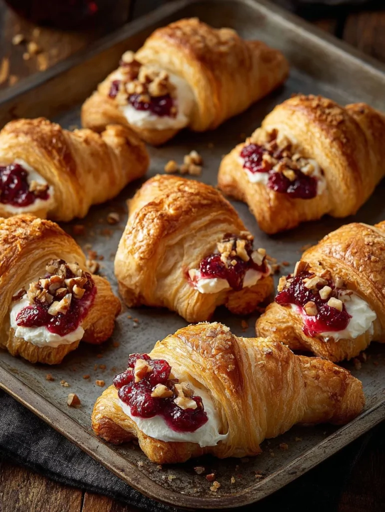 Bocaditos de croissant rellenos de queso crema de arándano, ideales para un aperitivo.