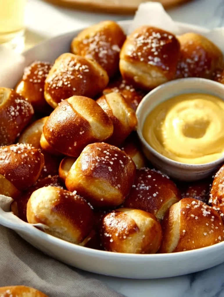 Bocaditos de Pretzel recién horneados con sal y toppings deliciosos.