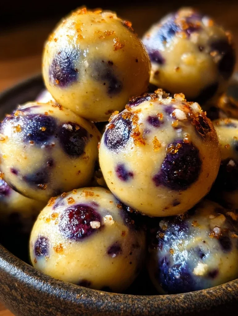 Bocaditos de proteína de requesón con limón y arándanos en un plato fresco