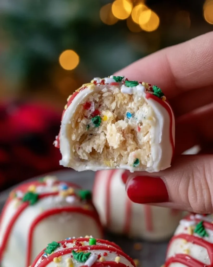 Bocaditos navideños de trufa de pastel en forma de árbol decorado.
