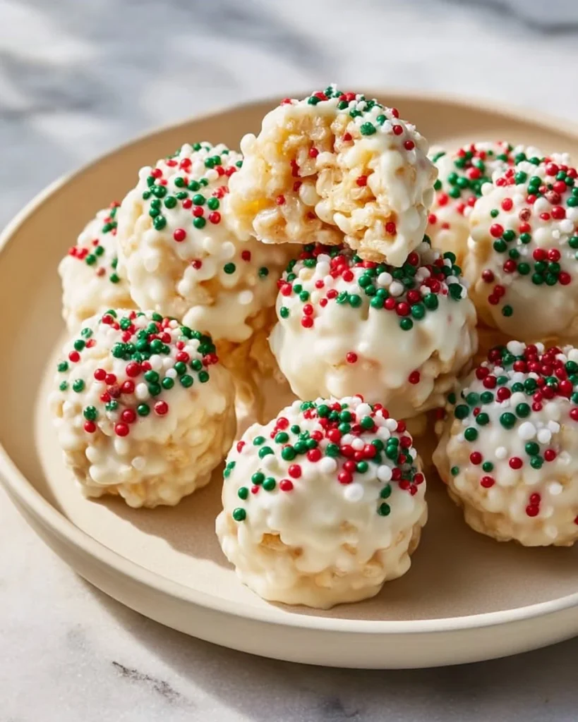 Bolas de arroz crujiente de Navidad servidas en un plato festivo