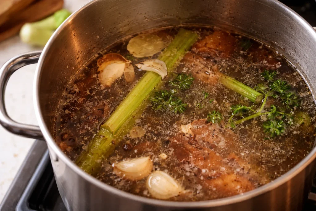 Plato de caldo de res caliente con verduras frescas y carne