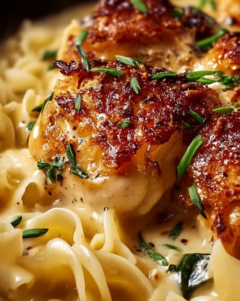 Pollo en sartén con fideos mantecosos en una olla