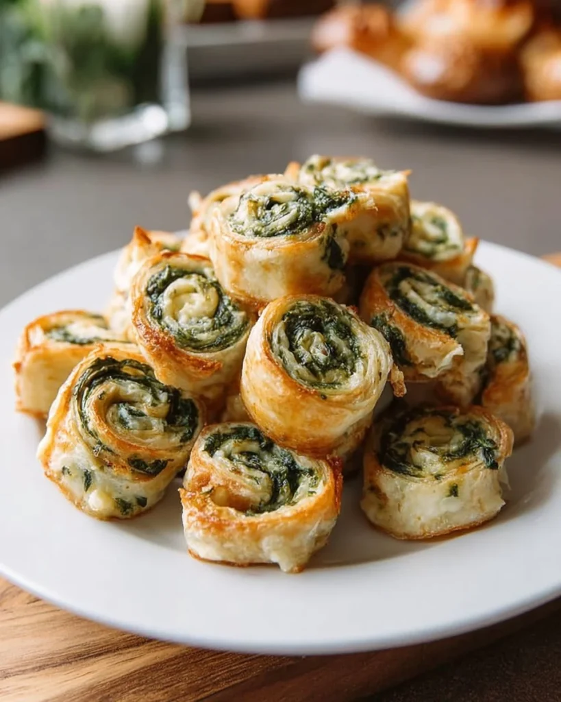 Dip de espinacas servido en rollitos de un bocado para fiestas.